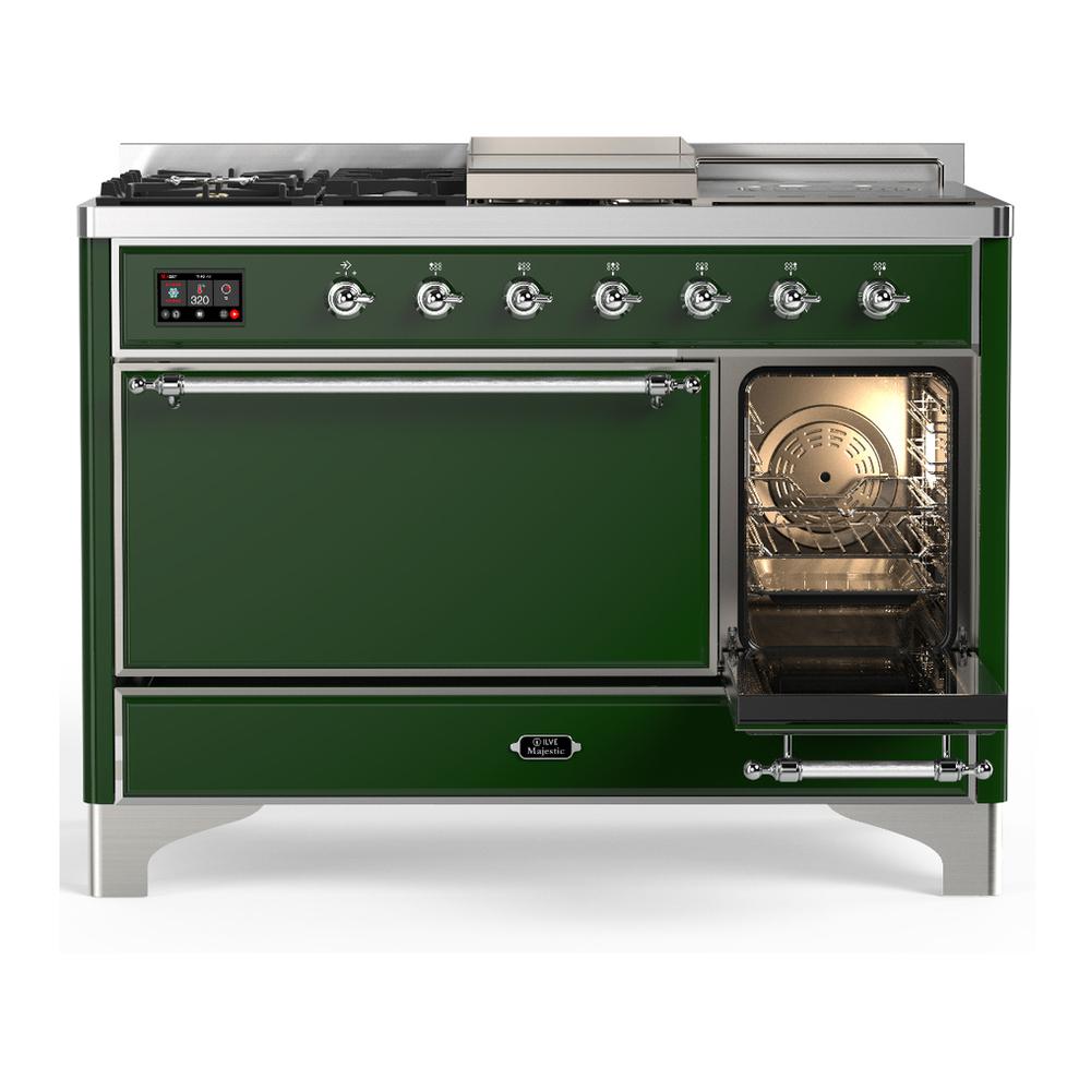Ilve UM48FSQNR3EGC Ilve Um48Fsqnr3Egc Majestic Iii 48 Inch Dual Fuel Range With 5 Black Brass Burners, Griddle And French Top, Dual Function Burner Up To 25,000 Btu (Natural Gas, Solid Door, Emerald Green, Chrome)