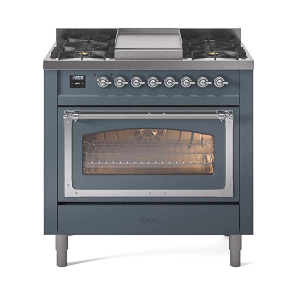 Ilve UN36FNMPBGCLP Ilve Un36Fnmpbgclp Nostalgie Ii Noblesse 36" Dual Fuel Range (Liquid Propane, Triple Glass Door, Blue Grey, Chrome)