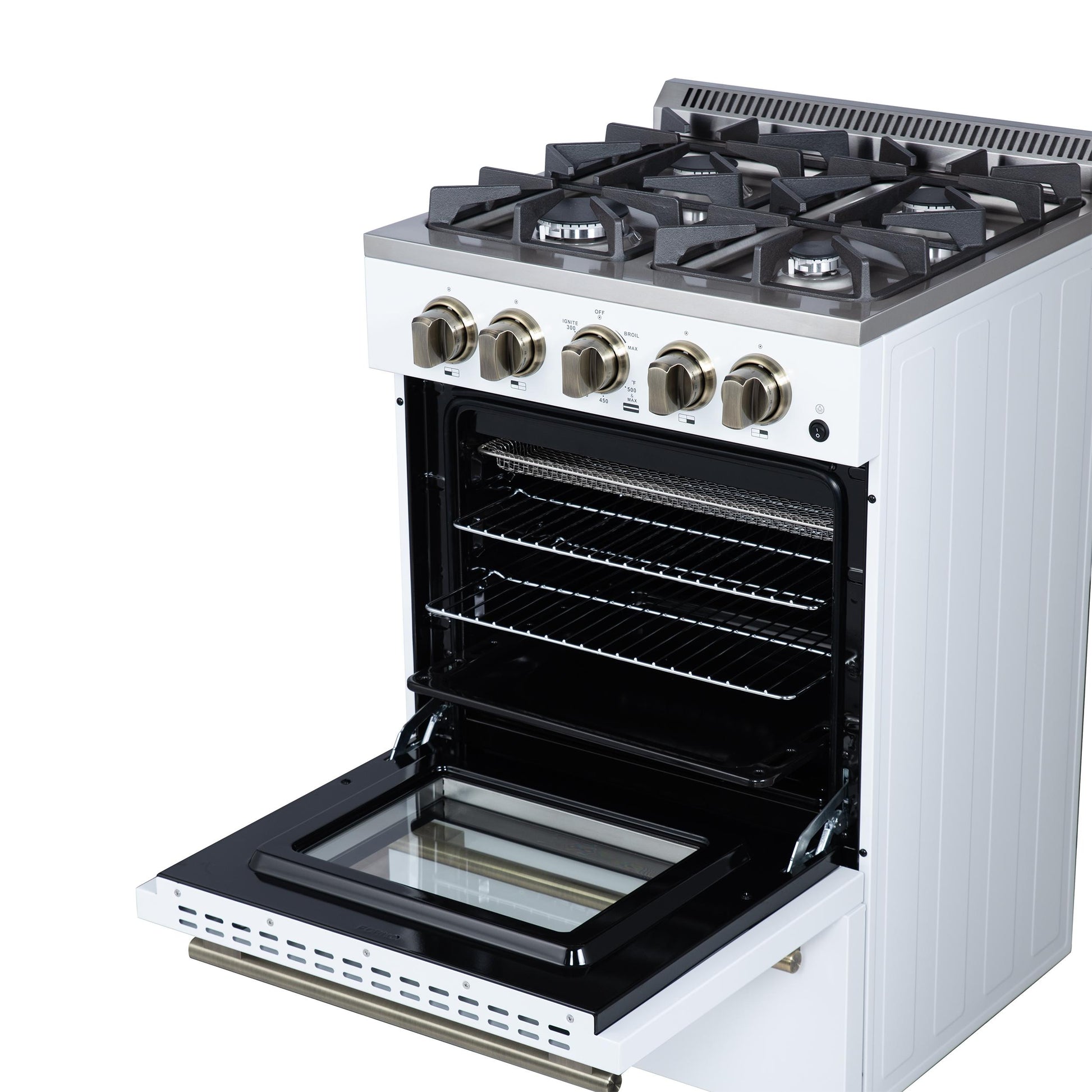 Forno FFSGS627224WHT Forno Breno 24 Inch Freestanding Gas Range In White With Antique Brass, Compact Design