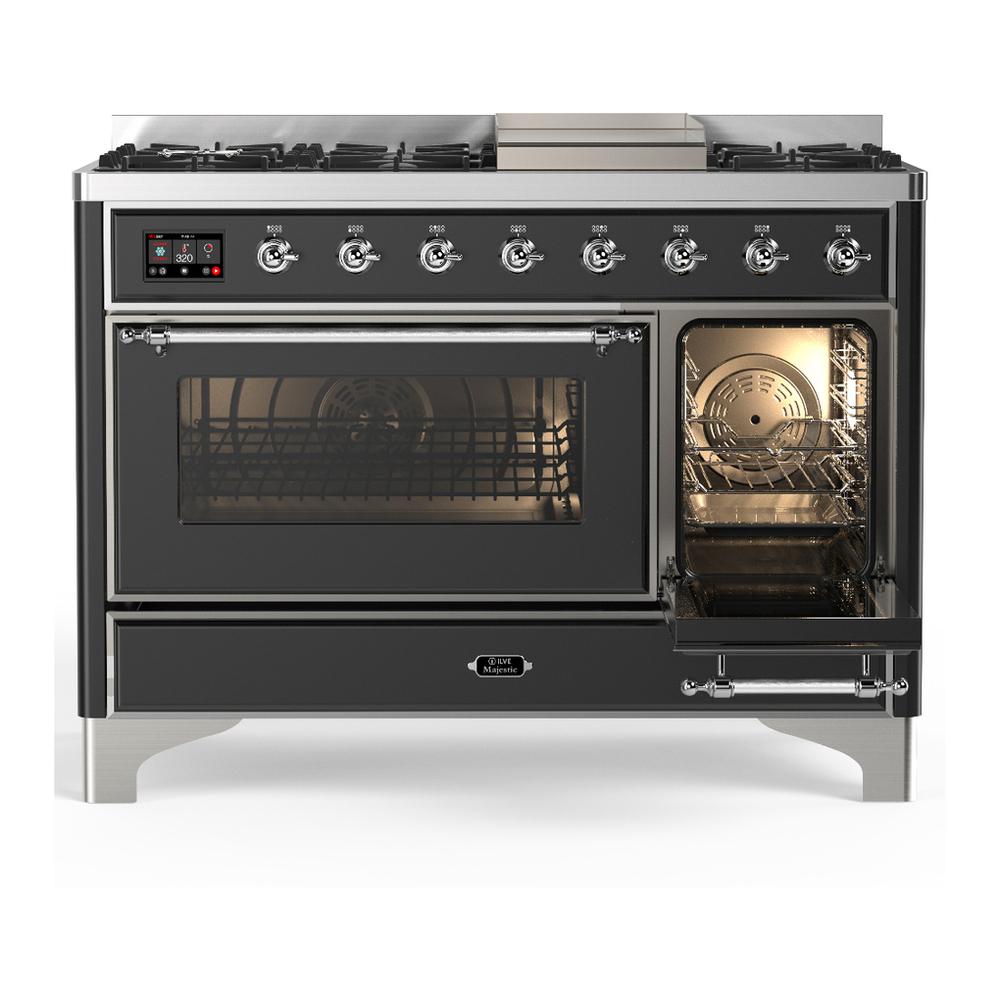 Ilve UM48FNR3MGCLP Ilve Um48Fnr3Mgclp Majestic Iii 48 Inch Dual Fuel Range With 8 Burners And Griddle, Dual Function Burner Up To 25,000 Btu (Liquid Propane, Triple Glass Door, Graphite Matte, Chrome)