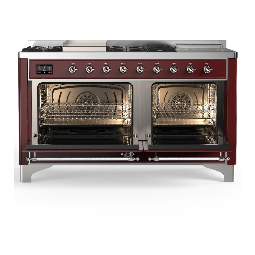 Ilve UM60FSNR3BUCLP Ilve Um60Fsnr3Buclp Majestic Iii 60 Inch Dual Fuel Range With 7 Burners, Griddle And French Top, Dual Function Burner With Up To 25,000 Btu (Liquid Propane, Triple Glass Door, Burgundy, Chrome)