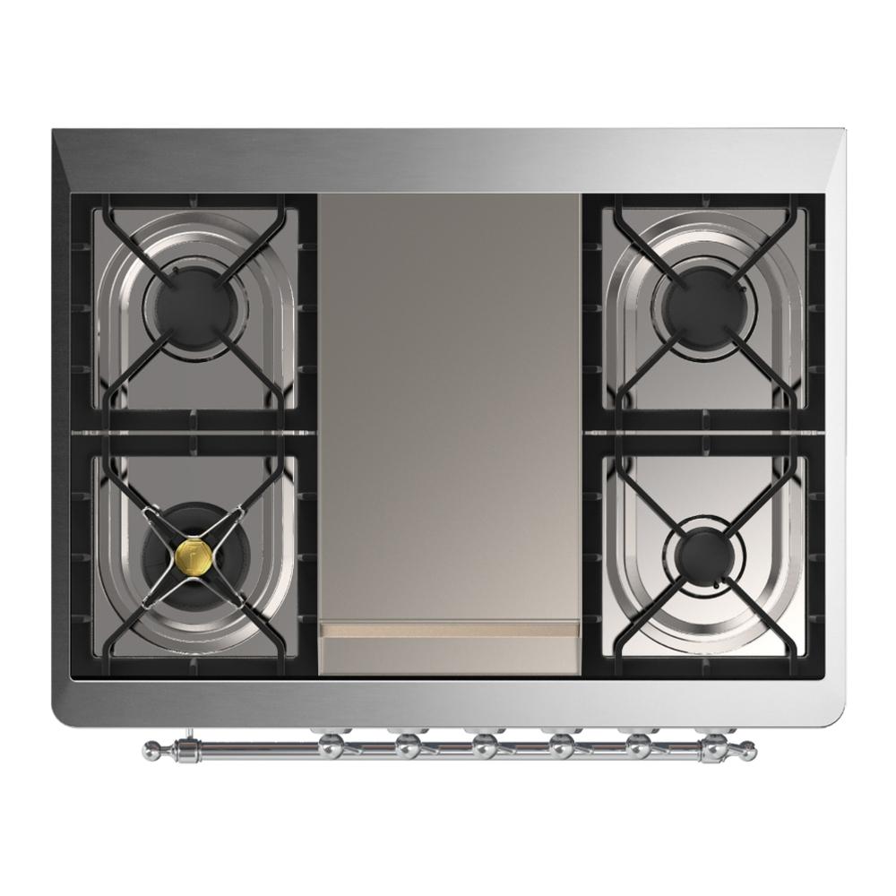 Ilve UM36FQNR3BKC Ilve Um36Fqnr3Bkc Majestic Iii 36 Inch Dual Fuel Range With 6 Black Brass Burners And Griddle, Dual Function Burner Up To 25,000 Btu (Solid Door, Glossy Black, Chrome, Natural Gas)