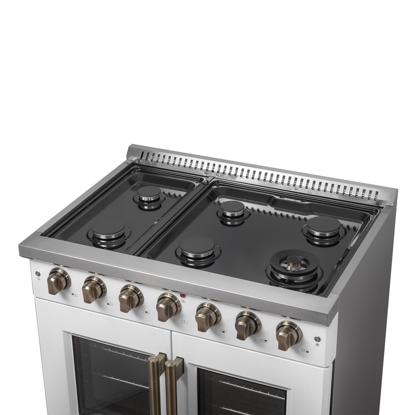 Forno FFSGS644436WHT Forno Galiano 36-Inch French Door Gas Range White And Antique Brass Design, 6 Sealed Burners 83,000 Btu, 5.36 Cu.Ft. Convection Oven