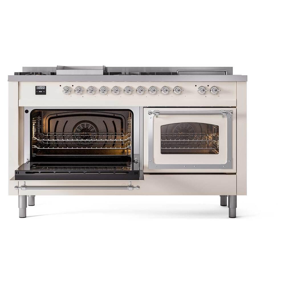 Ilve UN60FSNMPAWCLP Ilve Un60Fsnmpawclp Nostalgie Ii Noblesse 60" Dual Fuel Range (7 Sealed Burners + Griddle + French Top, Liquid Propane, Triple Glass Door, Antique White, Chrome)