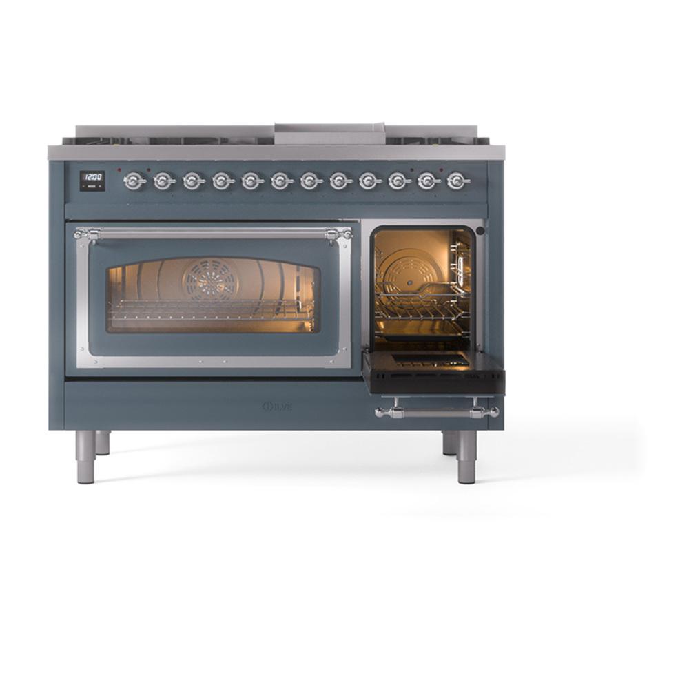 Ilve UN48FNMPBGC Ilve Un48Fnmpbgc Nostalgie Ii Noblesse 48" Dual Fuel Range (8 Sealed Burners + Griddle, Natural Gas, Triple Glass Door, Blue Grey, Chrome)