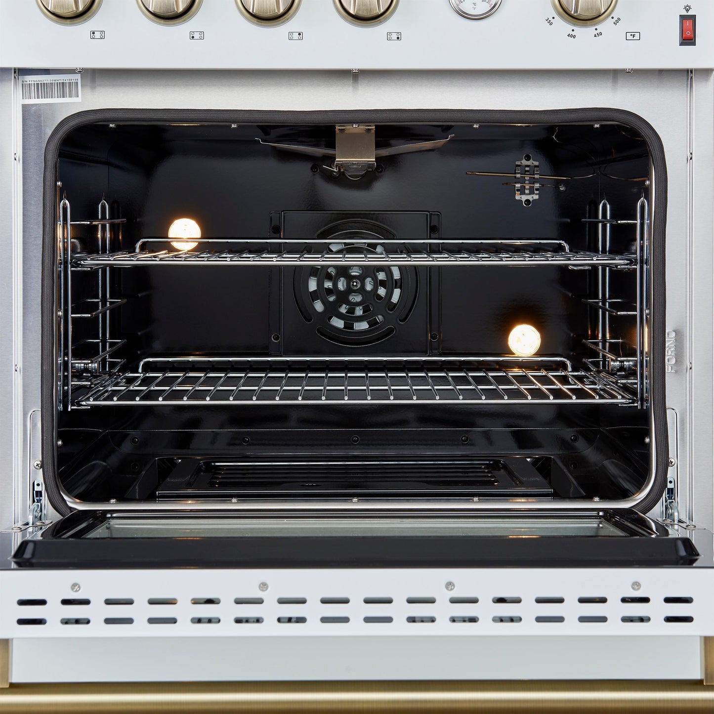 Forno FFSGS627730WHT Marco 30-Inch Gas Range White & Antique Brass Design, 4 Burners 37,000 Btu, 4.32 Cu.Ft. Convection Oven