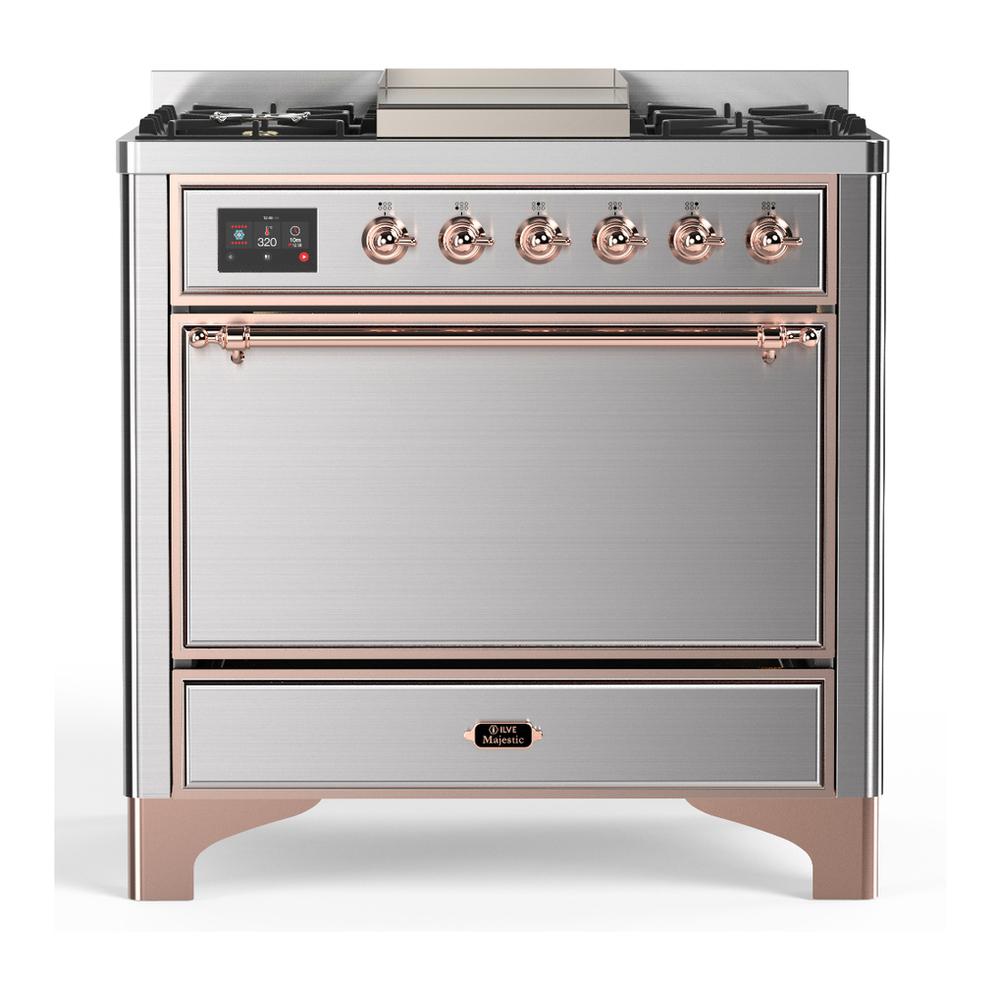 Ilve UM36FQNR3SSPLP Ilve Um36Fqnr3Ssplp Majestic Iii 36 Inch Dual Fuel Range With 6 Black Brass Burners And Griddle, Dual Function Burner Up To 25,000 Btu (Solid Door, Stainless Steel, Copper, Liquid Propane)