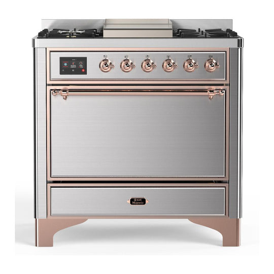 Ilve UM36FQNR3SSPLP Ilve Um36Fqnr3Ssplp Majestic Iii 36 Inch Dual Fuel Range With 6 Black Brass Burners And Griddle, Dual Function Burner Up To 25,000 Btu (Solid Door, Stainless Steel, Copper, Liquid Propane)