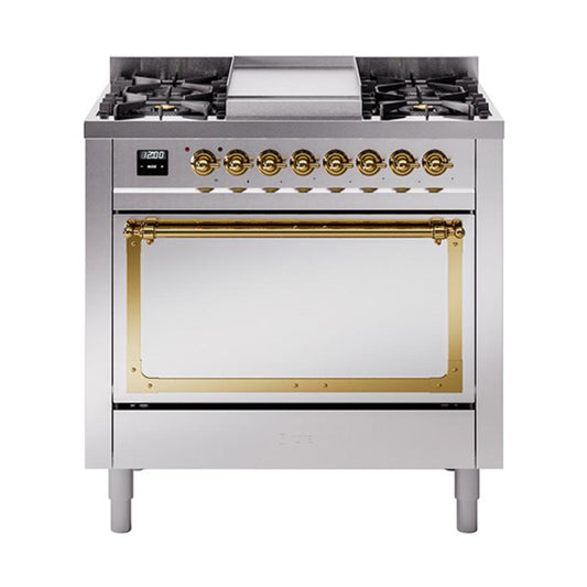 Ilve UN36FQNMPSSG Ilve Un36Fqnmpssg Nostalgie Ii Noblesse 36" Dual Fuel Range (Natural Gas, Solid Door, Stainless Steel, Brass)