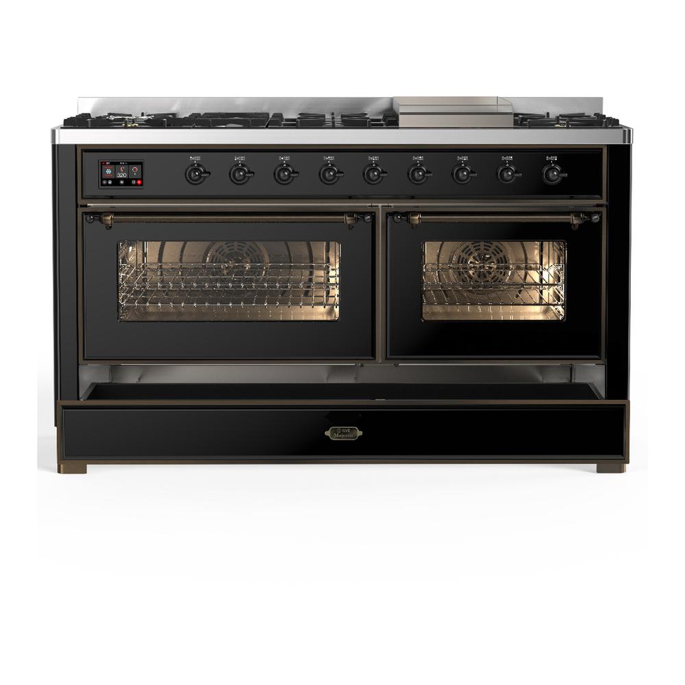 Ilve UM60FNR3BKBLP Ilve Um60Fnr3Bkblp Majestic Iii 60 Inch Dual Fuel Range With 9 Burners And Griddle, Dual Function Burner Up To 25,000 Btu (Liquid Propane, Triple Glass Door, Glossy Black, Burnished)