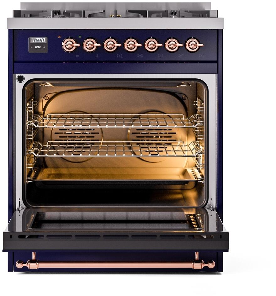 Ilve UP30NMPMBP Nostalgie Ii 30 Inch Dual Fuel Natural Gas Freestanding Range In Blue With Copper Trim