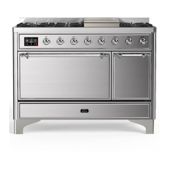 Ilve UM48FQNR3SSCLP Ilve Um48Fqnr3Ssclp Majestic Iii 48 Inch Dual Fuel Range With 8 Burners And Griddle, Dual Function Burner Up To 25,000 Btu (Liquid Propane, Solid Door, Stainless Steel, Chrome)