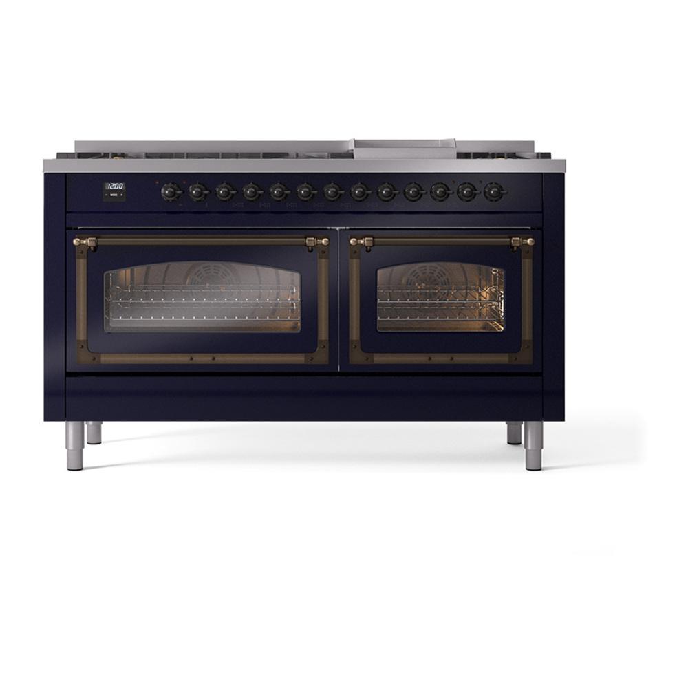 Ilve UN60FNMPMBBLP Ilve Un60Fnmpmbblp Nostalgie Ii Noblesse 60" Dual Fuel Range (9 Sealed Burners + Griddle, Liquid Propane, Triple Glass Door, Midnight Blue, Burnished)