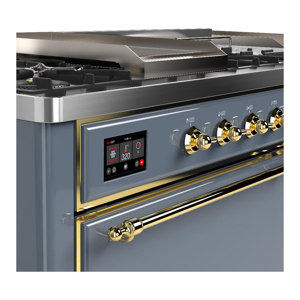 Ilve UM60FSQNR3BGGLP Ilve Um60Fsqnr3Bgglp Majestic Iii 60 Inch Dual Fuel Range With 7 Burners, Griddle And French Top, Dual Function Burner With Up To 25,000 Btu (Liquid Propane, Solid Door, Blue Grey, Brass)