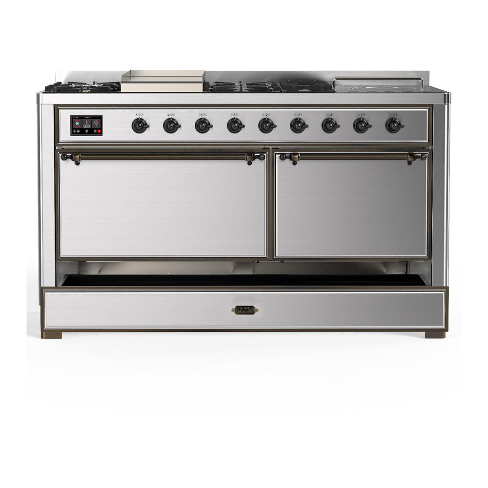 Ilve UM60FSQNR3SSB Ilve Um60Fsqnr3Ssb Majestic Iii 60 Inch Dual Fuel Range With 7 Burners, Griddle And French Top, Dual Function Burner With Up To 25,000 Btu (Natural Gas, Solid Door, Stainless Steel, Burnished)