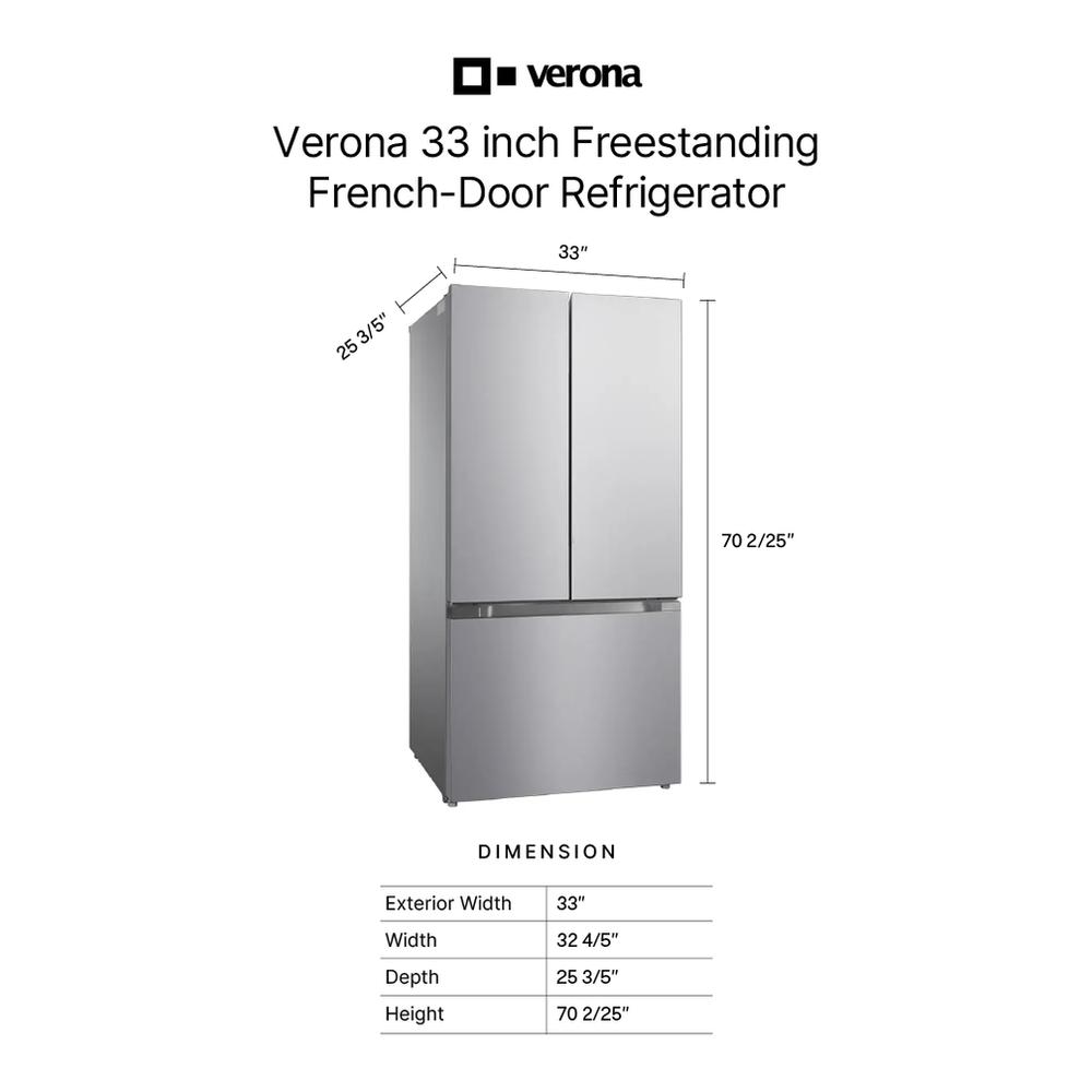 Verona VEFFD3316RISL Verona Veffd3316Risl 33 Inch Freestanding French Door Refrigerator With 16.5 Cu. Ft. Capacity, Automatic Ice Maker, Recessed Handle
