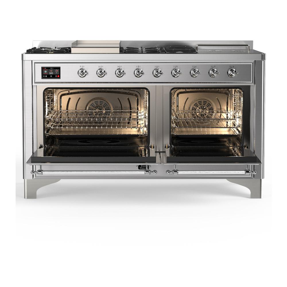 Ilve UM60FSQNR3SSCLP Ilve Um60Fsqnr3Ssclp Majestic Iii 60 Inch Dual Fuel Range With 7 Burners, Griddle And French Top, Dual Function Burner With Up To 25,000 Btu (Liquid Propane, Solid Door, Stainless Steel, Chrome)