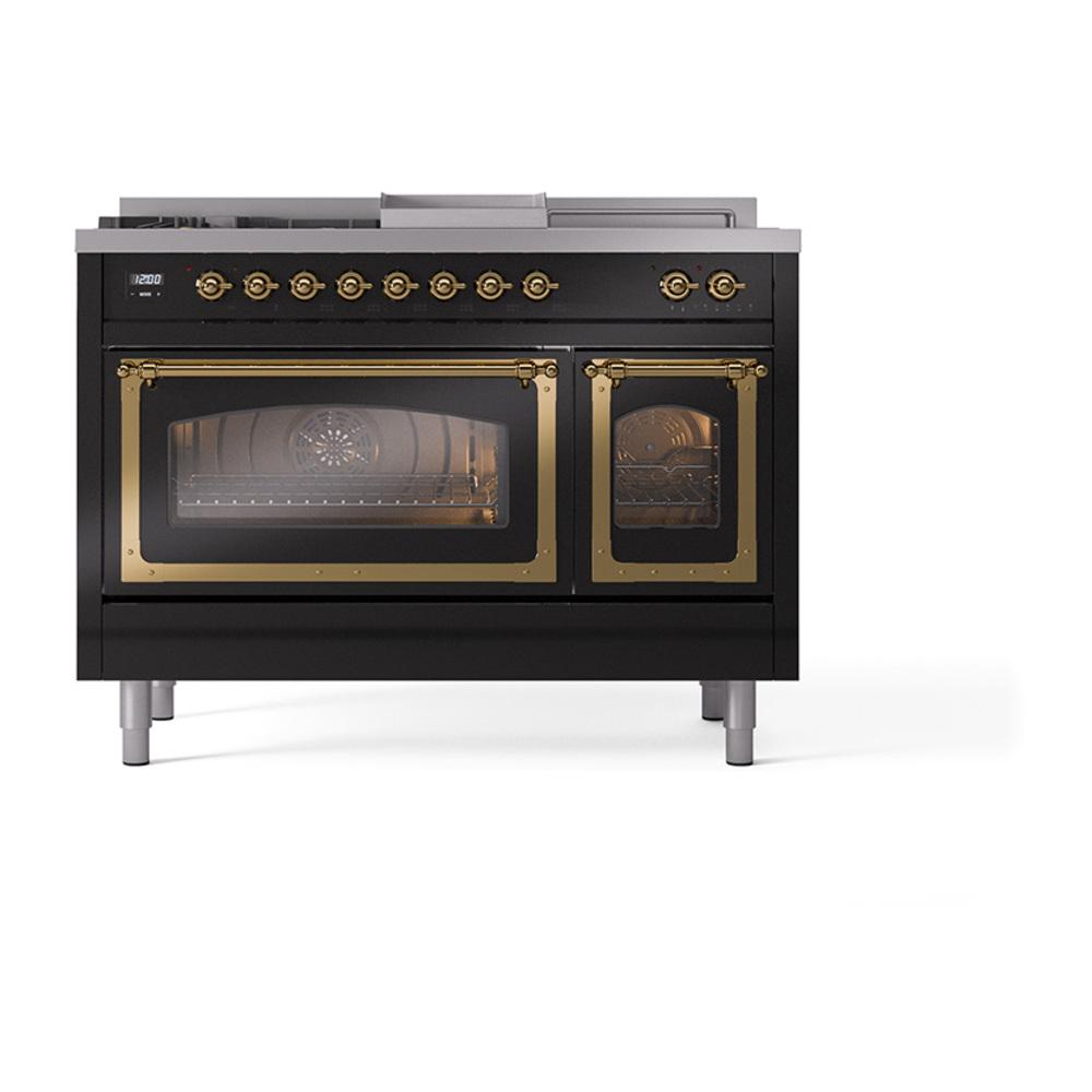 Ilve UN48FSNMPBKG Ilve Un48Fsnmpbkg Nostalgie Ii Noblesse 48" Dual Fuel Range (5 Sealed Burners + Griddle + French Top, Natural Gas, Triple Glass Door, Glossy Black, Brass)