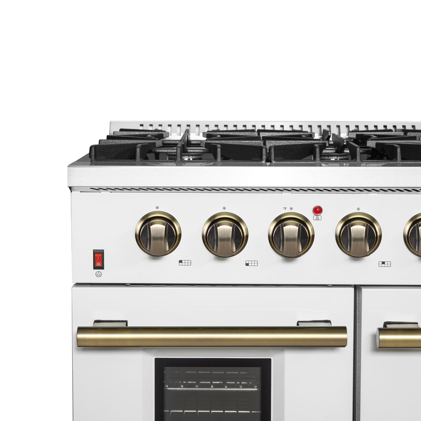 Forno FFSGS624448WHT Forno Galiano 48-Inch Gas Range White & Antique Brass Design, 8 Burners, 107,000 Btu, Griddle, 6.58 Cu.Ft. Double Ovens