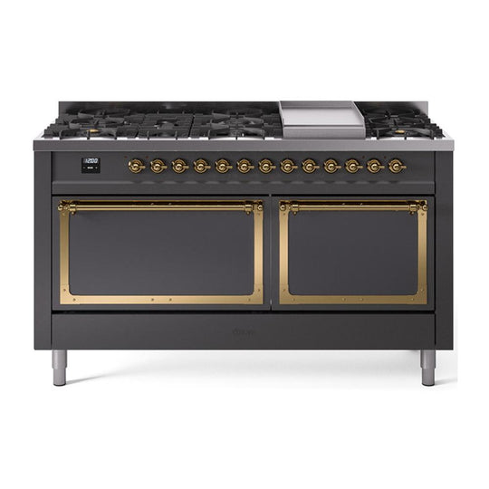 Ilve UN60FQNMPMGGLP Ilve Un60Fqnmpmgglp Nostalgie Ii Noblesse 60" Dual Fuel Range (9 Sealed Burners + Griddle, Liquid Propane, Solid Door, Graphite Matte, Brass)