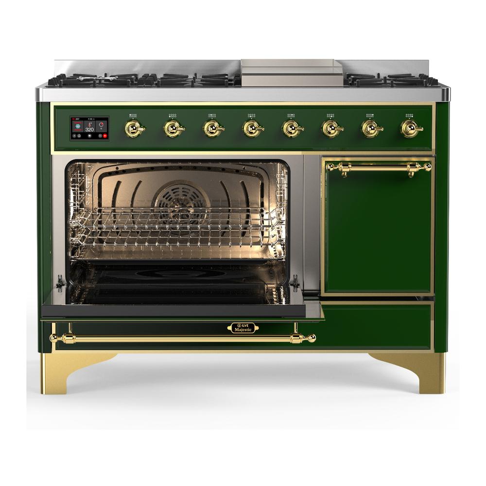 Ilve UM48FQNR3EGGLP Ilve Um48Fqnr3Egglp Majestic Iii 48 Inch Dual Fuel Range With 8 Burners And Griddle, Dual Function Burner Up To 25,000 Btu (Liquid Propane, Solid Door, Emerald Green, Brass)