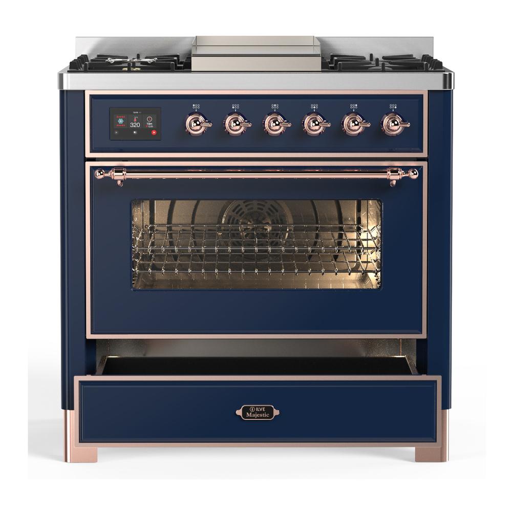 Ilve UM36FNR3MBPLP Ilve Um36Fnr3Mbplp Majestic Iii 36 Inch Dual Fuel Range With 6 Black Brass Burners And Griddle, Dual Function Burner Up To 25,000 Btu (Triple Glass Door, Midnight Blue, Copper, Liquid Propane)
