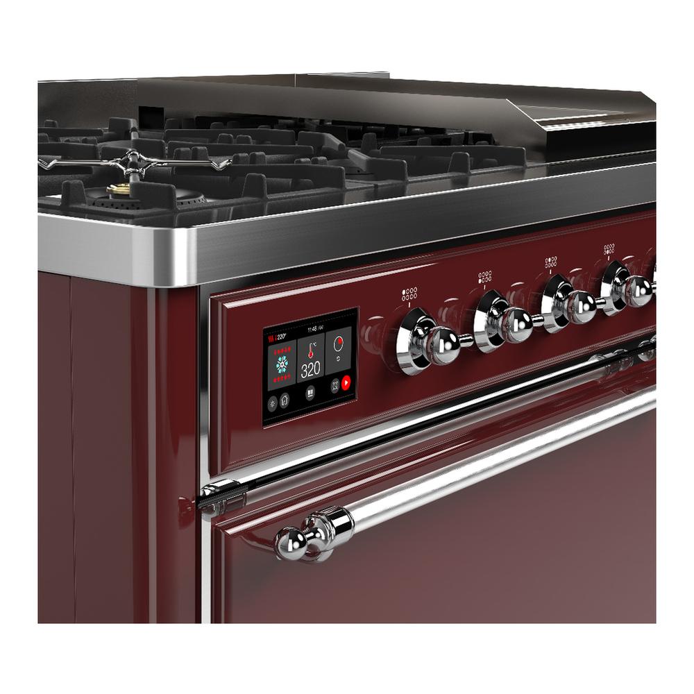 Ilve UM48FQNR3BUC Ilve Um48Fqnr3Buc Majestic Iii 48 Inch Dual Fuel Range With 8 Burners And Griddle, Dual Function Burner Up To 25,000 Btu (Natural Gas, Solid Door, Burgundy, Chrome)