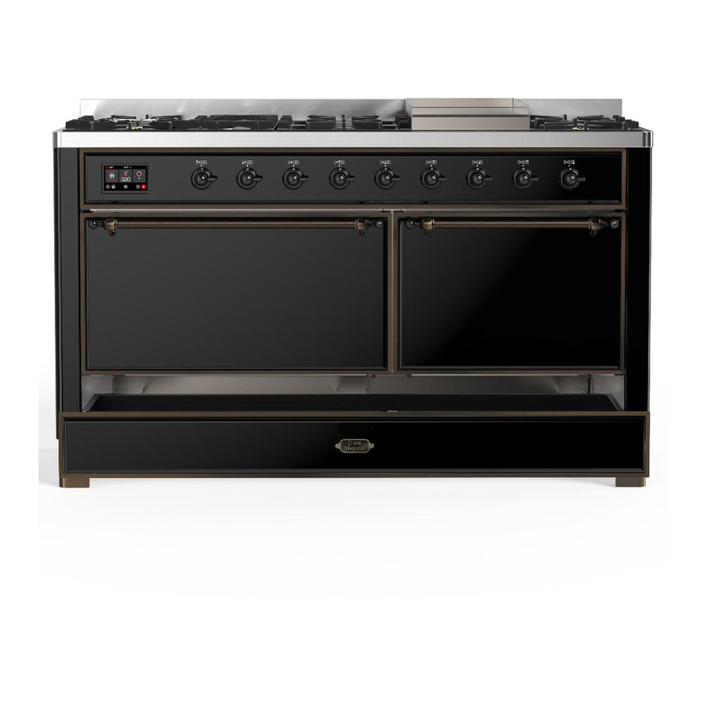 Ilve UM60FQNR3BKB Ilve Um60Fqnr3Bkb Majestic Iii 60 Inch Dual Fuel Range With 9 Burners And Griddle, Dual Function Burner Up To 25,000 Btu (Natural Gas, Solid Door, Glossy Black, Burnished)