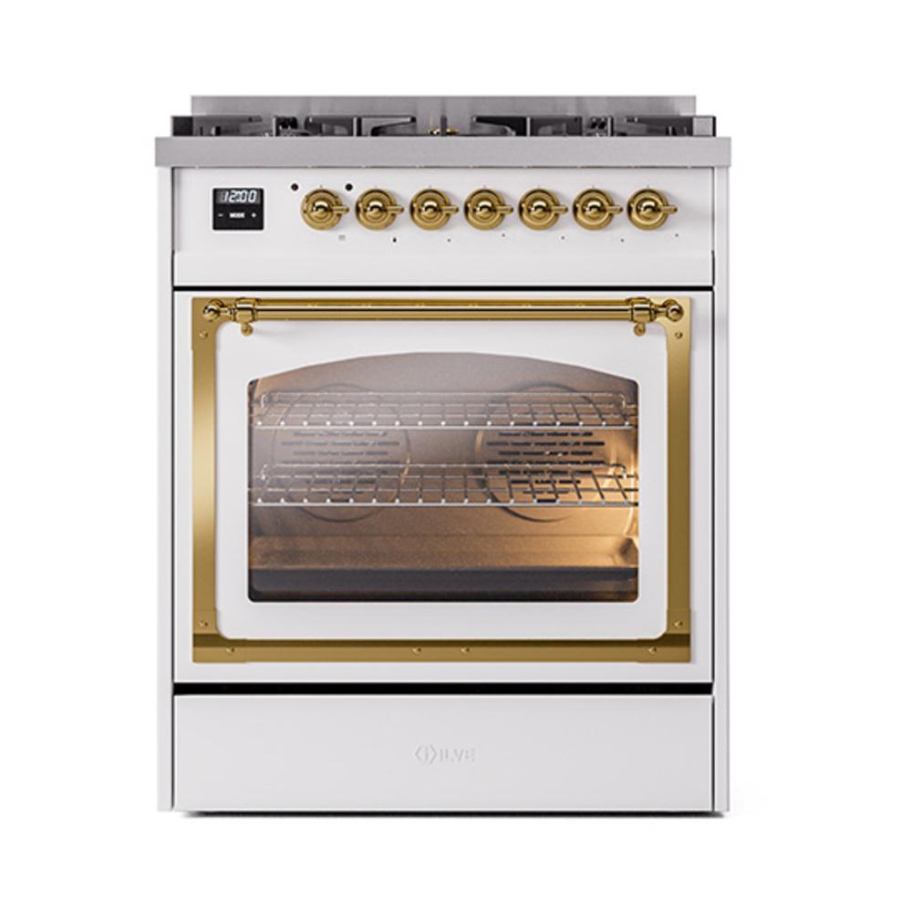 Ilve UN30NMPWHG Ilve Un30Nmpwhg Nostalgie Ii Noblesse 30" Dual Fuel Range (Natural Gas, Triple Glass Door, White, Brass)