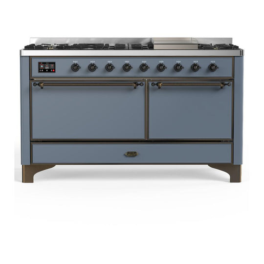 Ilve UM60FQNR3BGBLP Ilve Um60Fqnr3Bgblp Majestic Iii 60 Inch Dual Fuel Range With 9 Burners And Griddle, Dual Function Burner Up To 25,000 Btu (Liquid Propane, Solid Door, Blue Grey, Burnished)