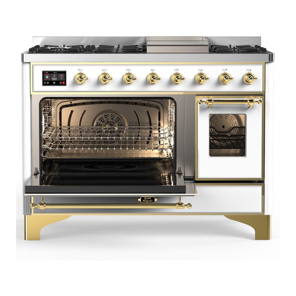 Ilve UM48FNR3WHG Ilve Um48Fnr3Whg Majestic Iii 48 Inch Dual Fuel Range With 8 Burners And Griddle, Dual Function Burner Up To 25,000 Btu (Natural Gas, Triple Glass Door, White, Brass)