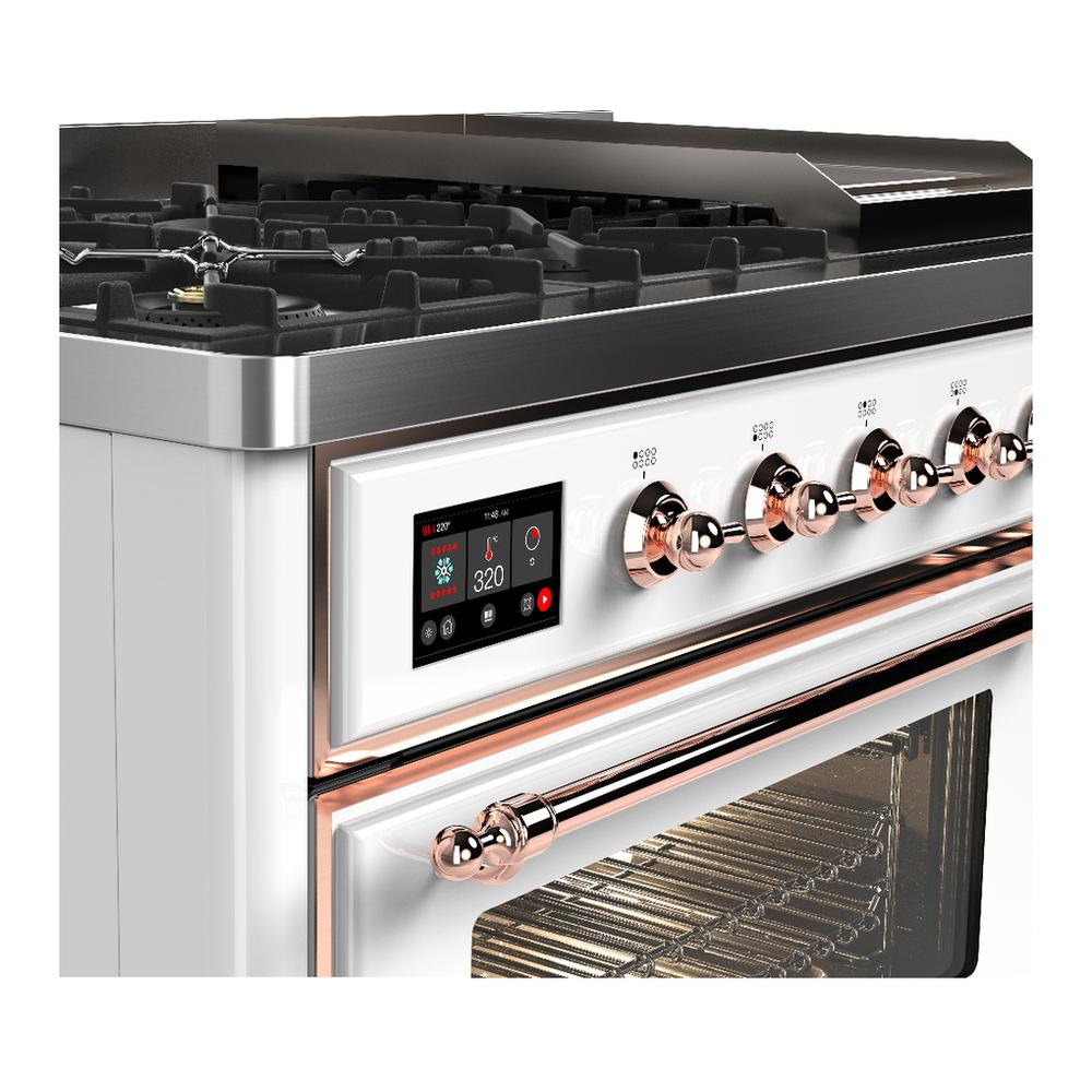 Ilve UM48FNR3WHPLP Ilve Um48Fnr3Whplp Majestic Iii 48 Inch Dual Fuel Range With 8 Burners And Griddle, Dual Function Burner Up To 25,000 Btu (Liquid Propane, Triple Glass Door, White, Copper)