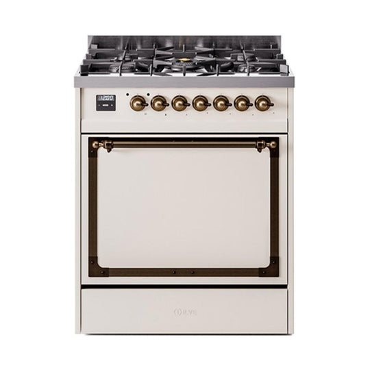 Ilve UN30QNMPAWBLP Ilve Un30Qnmpawblp Nostalgie Ii Noblesse 30" Dual Fuel Range (Liquid Propane, Solid Door, Antique White, Burnished)
