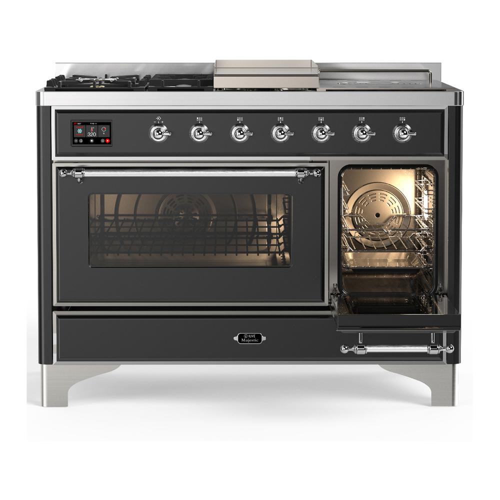 Ilve UM48FSNR3MGCLP Ilve Um48Fsnr3Mgclp Majestic Iii 48 Inch Dual Fuel Range With 5 Black Brass Burners, Griddle And French Top, Dual Function Burner Up To 25,000 Btu (Liquid Propane, Triple Glass Door, Graphite Matte, Chrome)