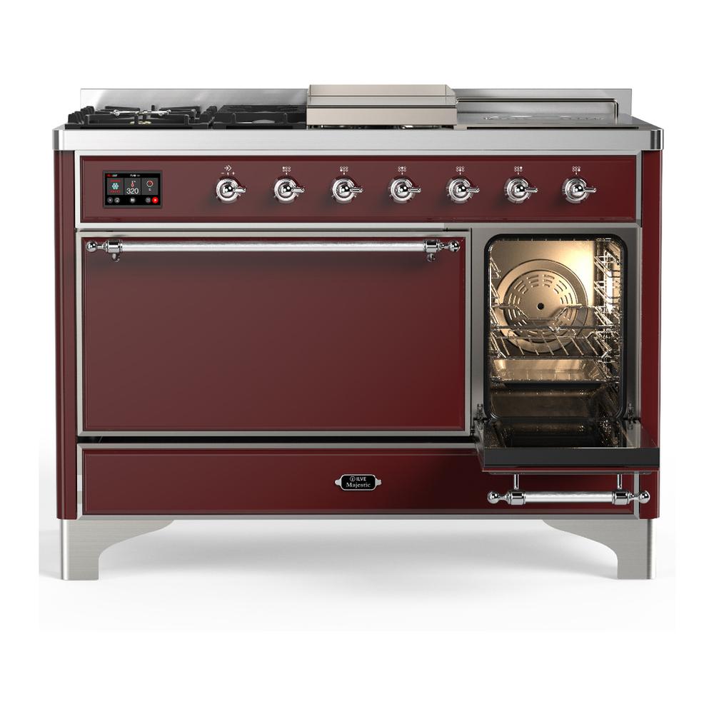 Ilve UM48FSQNR3BUC Ilve Um48Fsqnr3Buc Majestic Iii 48 Inch Dual Fuel Range With 5 Black Brass Burners, Griddle And French Top, Dual Function Burner Up To 25,000 Btu (Natural Gas, Solid Door, Burgundy, Chrome)