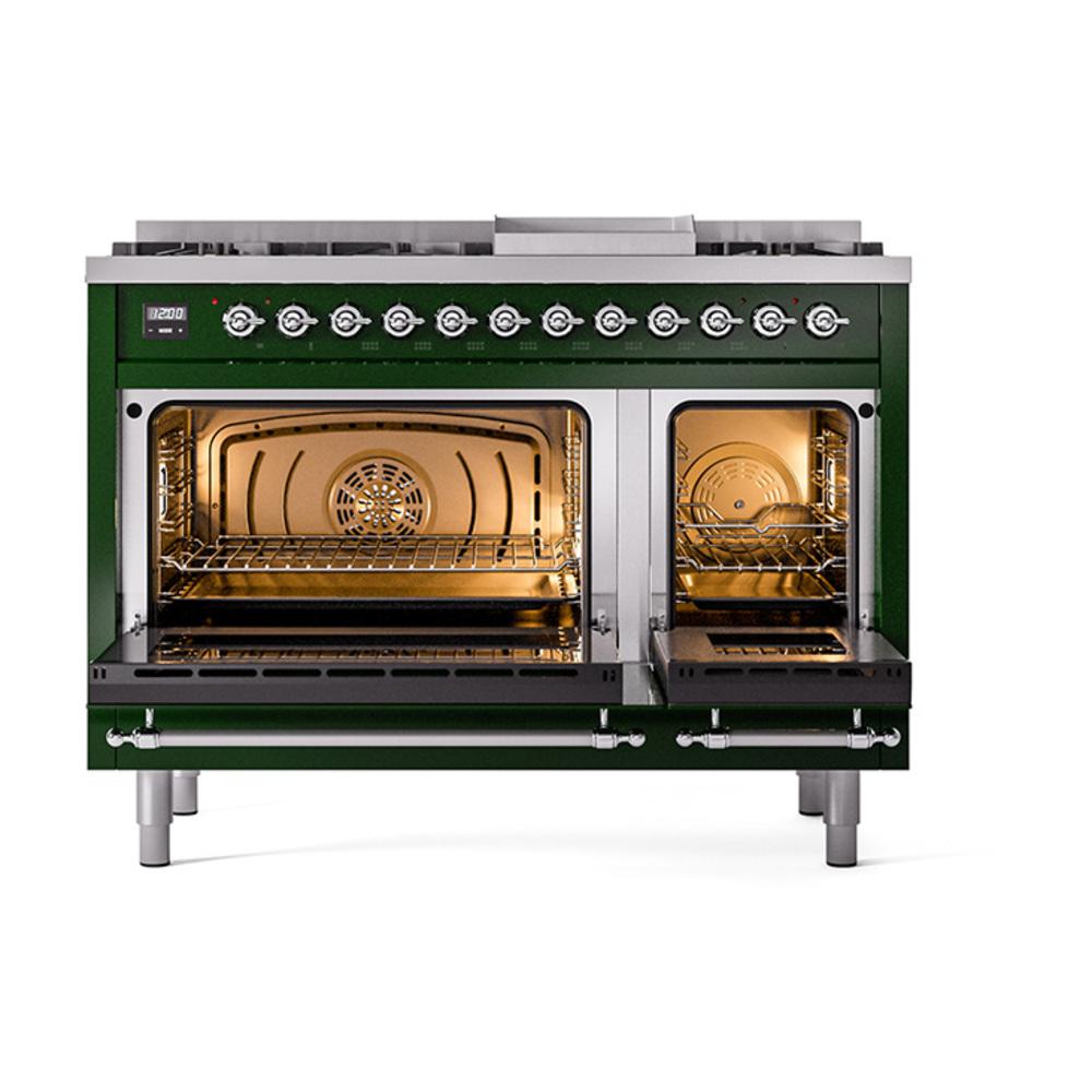 Ilve UN48FNMPEGC Ilve Un48Fnmpegc Nostalgie Ii Noblesse 48" Dual Fuel Range (8 Sealed Burners + Griddle, Natural Gas, Triple Glass Door, Emerald Green, Chrome)