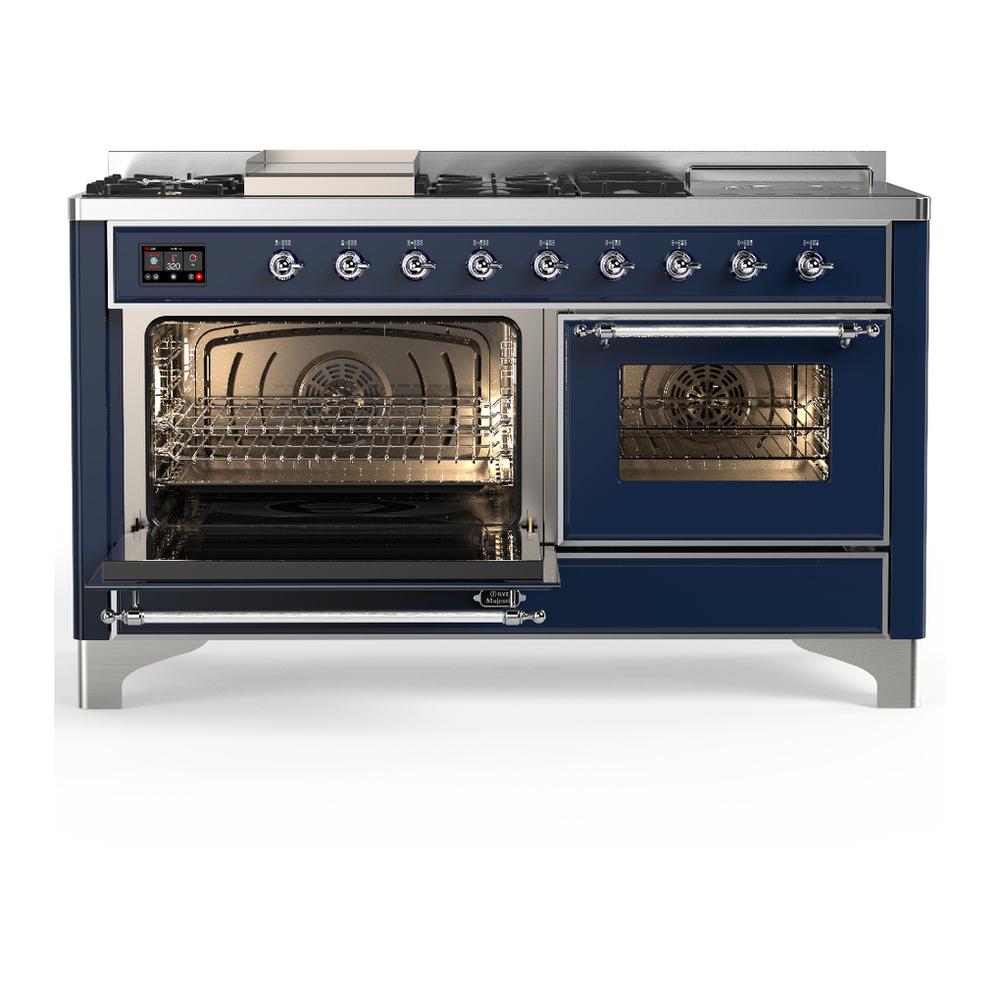 Ilve UM60FSNR3MBC Ilve Um60Fsnr3Mbc Majestic Iii 60 Inch Dual Fuel Range With 7 Burners, Griddle And French Top, Dual Function Burner With Up To 25,000 Btu (Natural Gas, Triple Glass Door, Midnight Blue, Chrome)