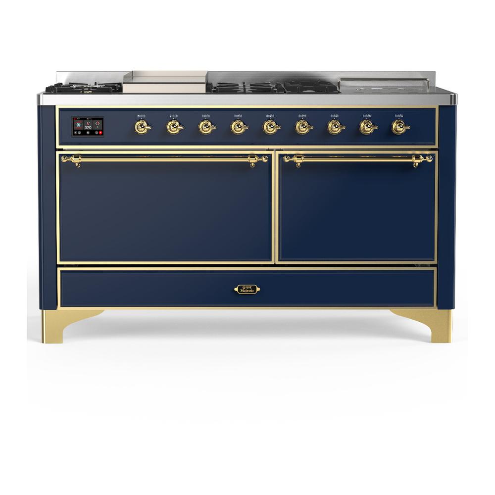 Ilve UM60FSQNR3MBGLP Ilve Um60Fsqnr3Mbglp Majestic Iii 60 Inch Dual Fuel Range With 7 Burners, Griddle And French Top, Dual Function Burner With Up To 25,000 Btu (Liquid Propane, Solid Door, Midnight Blue, Brass)