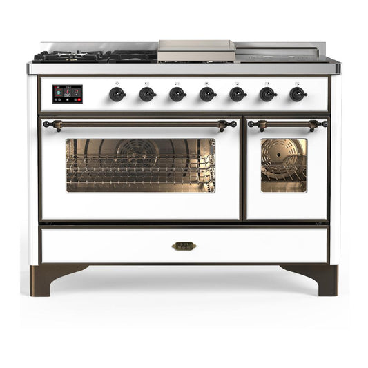 Ilve UM48FSNR3WHBLP Ilve Um48Fsnr3Whblp Majestic Iii 48 Inch Dual Fuel Range With 5 Black Brass Burners, Griddle And French Top, Dual Function Burner Up To 25,000 Btu (Liquid Propane, Triple Glass Door, White, Burnished)