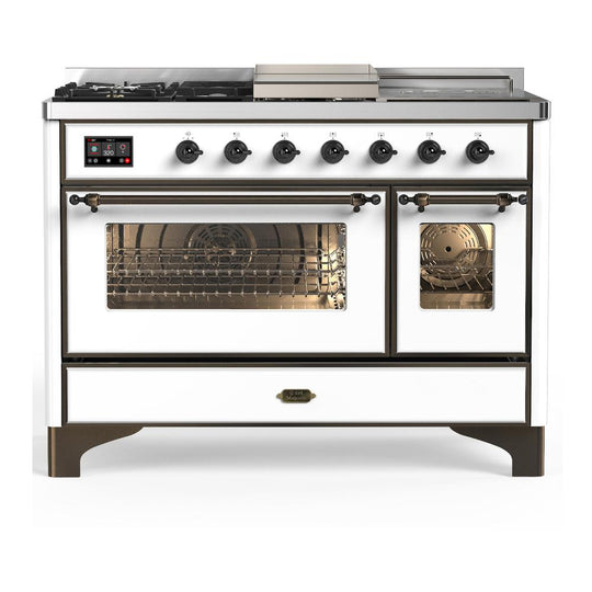 Ilve UM48FSNR3WHBLP Ilve Um48Fsnr3Whblp Majestic Iii 48 Inch Dual Fuel Range With 5 Black Brass Burners, Griddle And French Top, Dual Function Burner Up To 25,000 Btu (Liquid Propane, Triple Glass Door, White, Burnished)