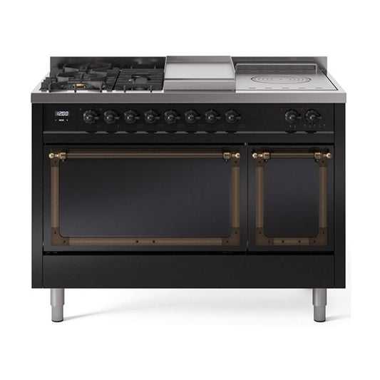 Ilve UN48FSQNMPBKB Ilve Un48Fsqnmpbkb Nostalgie Ii Noblesse 48" Dual Fuel Range (5 Sealed Burners + Griddle + French Top, Natural Gas, Solid Door, Glossy Black, Burnished)