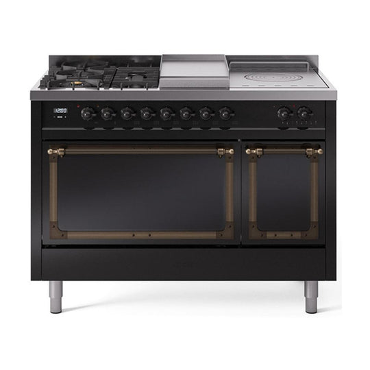 Ilve UN48FSQNMPBKB Ilve Un48Fsqnmpbkb Nostalgie Ii Noblesse 48" Dual Fuel Range (5 Sealed Burners + Griddle + French Top, Natural Gas, Solid Door, Glossy Black, Burnished)