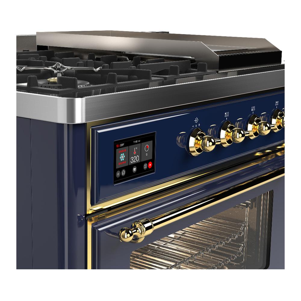 Ilve UM48FSNR3MBG Ilve Um48Fsnr3Mbg Majestic Iii 48 Inch Dual Fuel Range With 5 Black Brass Burners, Griddle And French Top, Dual Function Burner Up To 25,000 Btu (Natural Gas, Triple Glass Door, Midnight Blue, Brass)