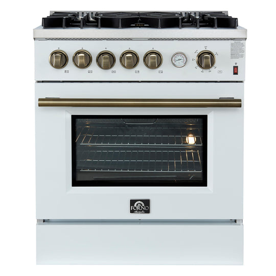 Forno FFSGS627430WHT Giovanni 30-Inch Gas Range White & Antique Brass Design, 5 Burners 67,000 Btu, 4.32 Cu.Ft. Convection Oven