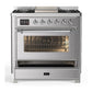 Ilve UM36FNR3SSC Ilve Um36Fnr3Ssc Majestic Iii 36 Inch Dual Fuel Range With 6 Black Brass Burners And Griddle, Dual Function Burner Up To 25,000 Btu (Triple Glass Door, Stainless Steel, Chrome, Natural Gas)
