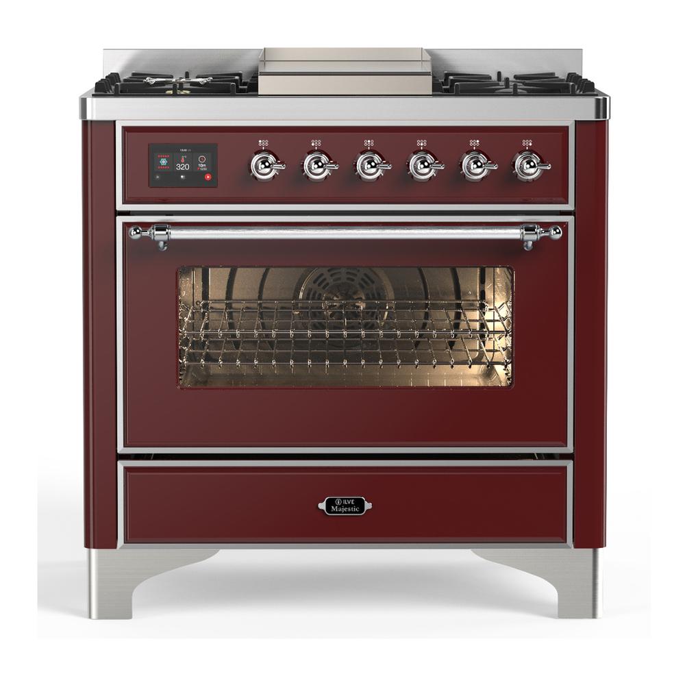 Ilve UM36FNR3BUC Ilve Um36Fnr3Buc Majestic Iii 36 Inch Dual Fuel Range With 6 Black Brass Burners And Griddle, Dual Function Burner Up To 25,000 Btu (Triple Glass Door, Burgundy, Chrome, Natural Gas)