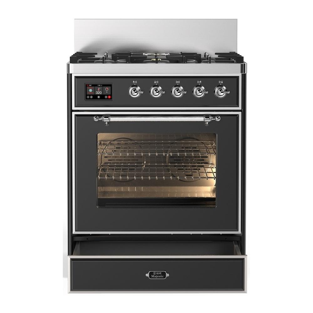 Ilve UM30NR3MGC Ilve Um30Nr3Mgc Majestic Iii 30 Inch Dual Fuel Range With 5 Black Brass Burners, Dual Function Burner Up To 25,000 Btu (Natural Gas, Triple Glass Door, Graphite Matte, Chrome)