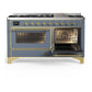 Ilve UM60FNR3BGGLP Ilve Um60Fnr3Bgglp Majestic Iii 60 Inch Dual Fuel Range With 9 Burners And Griddle, Dual Function Burner Up To 25,000 Btu (Liquid Propane, Triple Glass Door, Blue Grey, Brass)