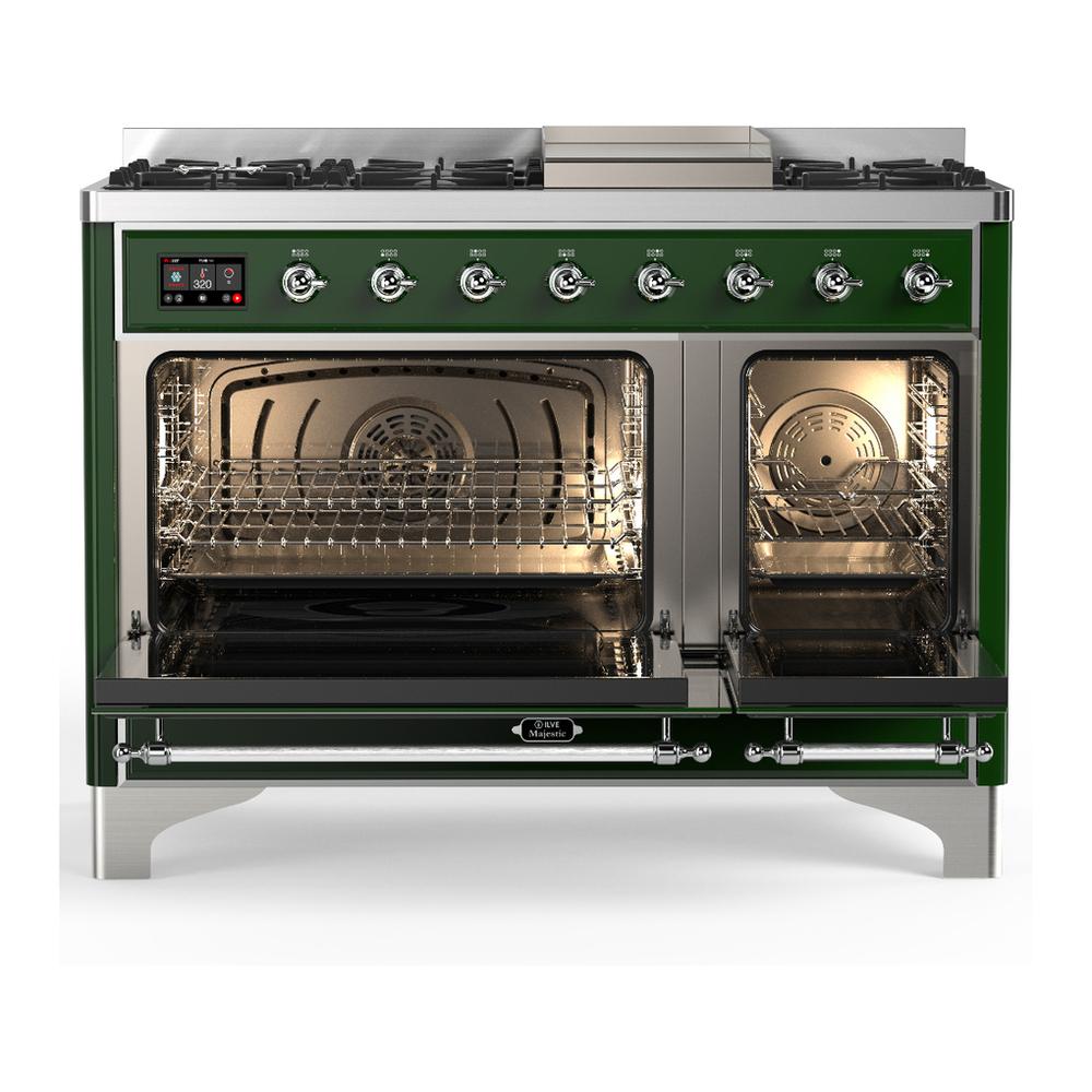 Ilve UM48FQNR3EGCLP Ilve Um48Fqnr3Egclp Majestic Iii 48 Inch Dual Fuel Range With 8 Burners And Griddle, Dual Function Burner Up To 25,000 Btu (Liquid Propane, Solid Door, Emerald Green, Chrome)