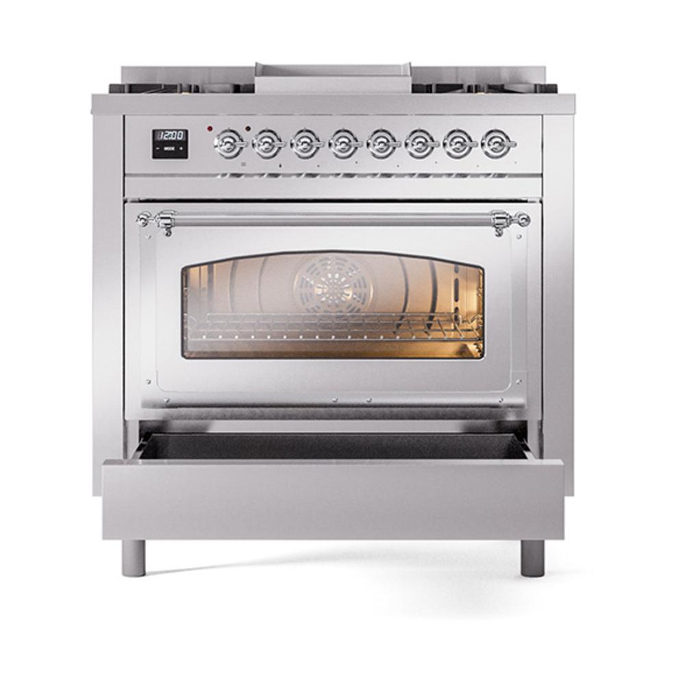 Ilve UN36FNMPSSCLP Ilve Un36Fnmpssclp Nostalgie Ii Noblesse 36" Dual Fuel Range (Liquid Propane, Triple Glass Door, Stainless Steel, Chrome)